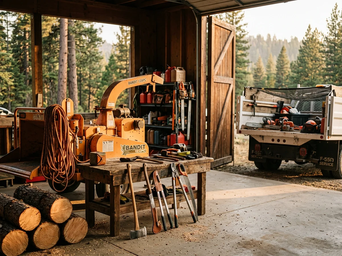Forestry crew equipment and tools staged for tree removal and land clearing operations.
