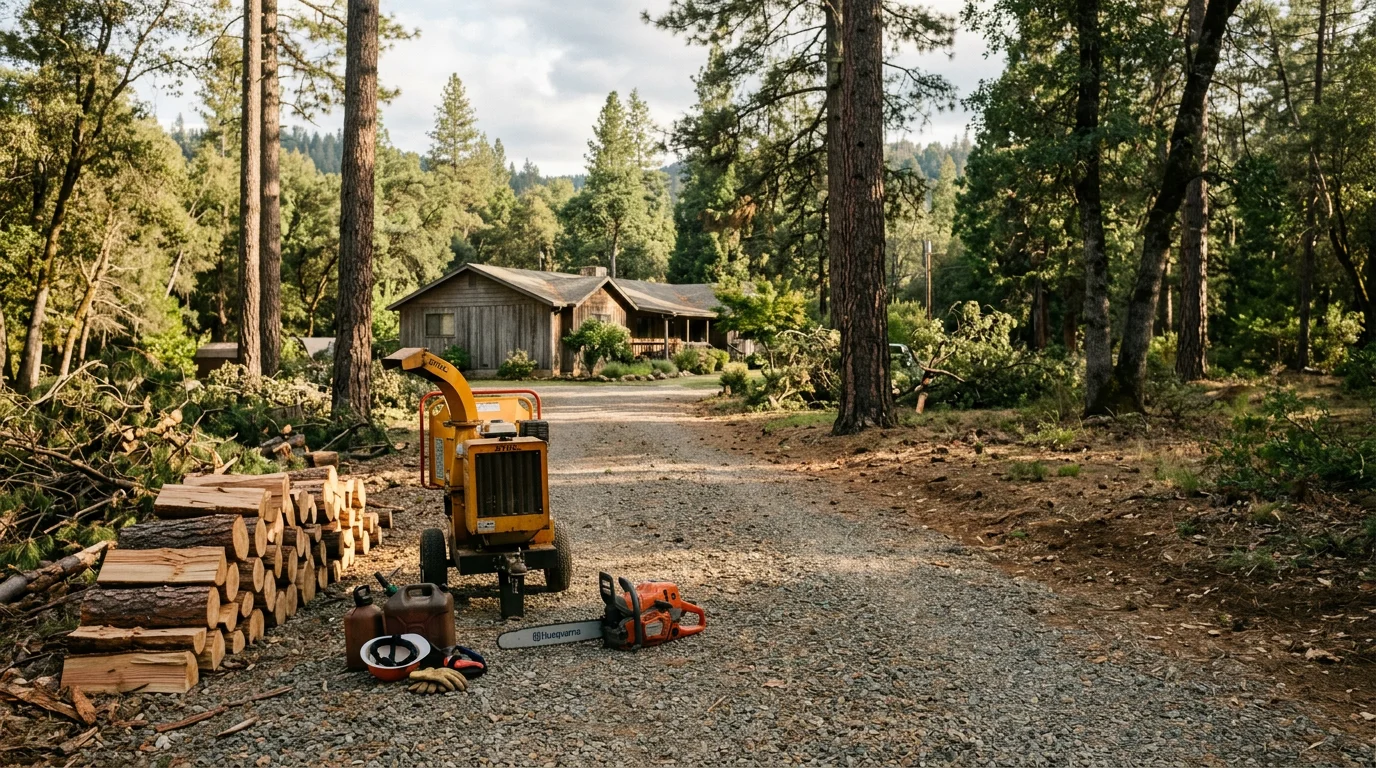 Crew removing a large fallen tree from a residential driveway after a storm
