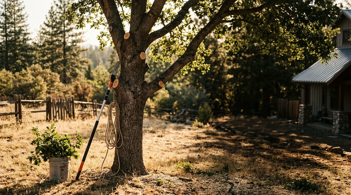 Arborist trimming branches from a large oak tree using professional climbing equipment