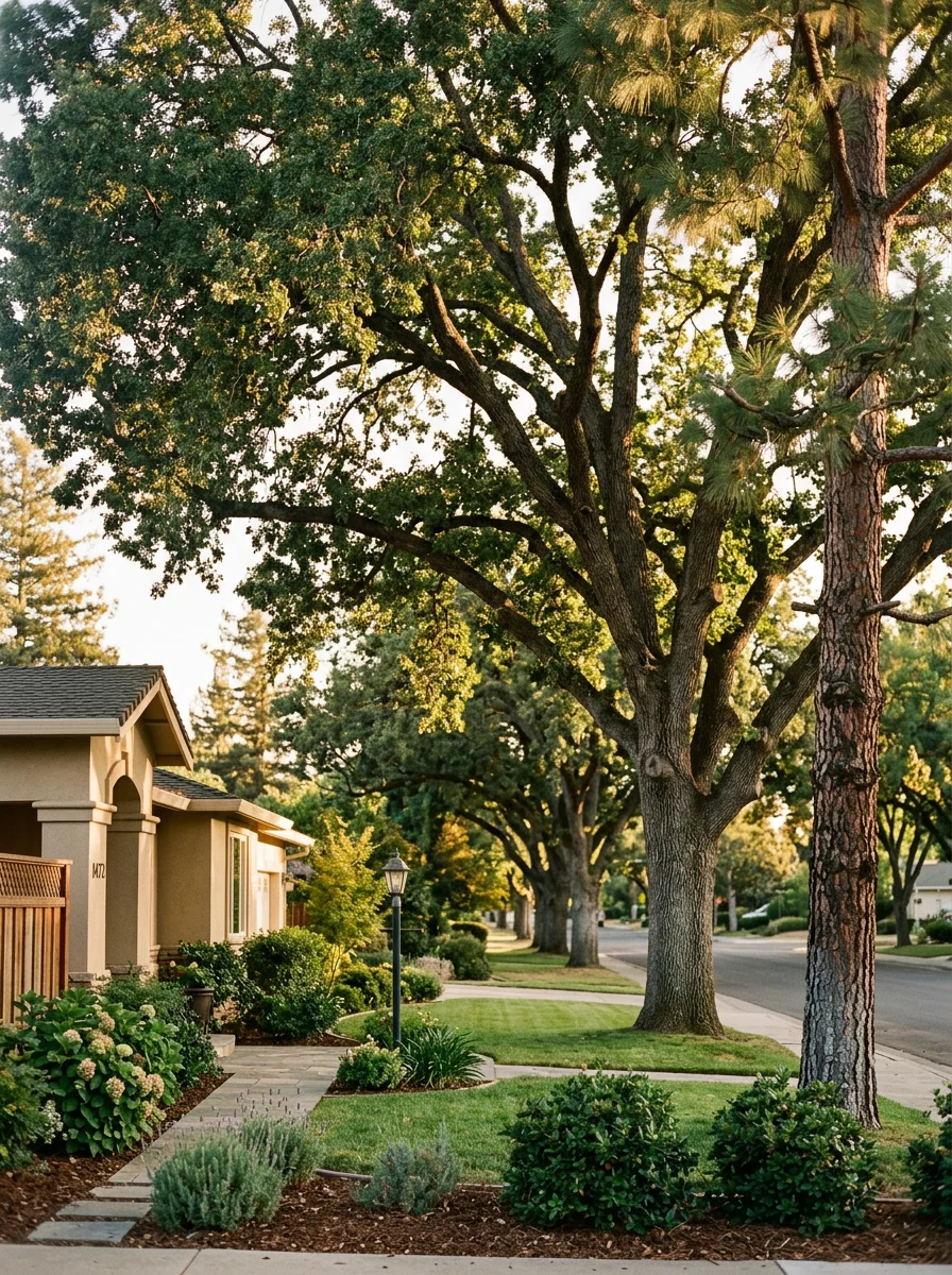Clovis neighborhood property with established trees and well-maintained exterior.