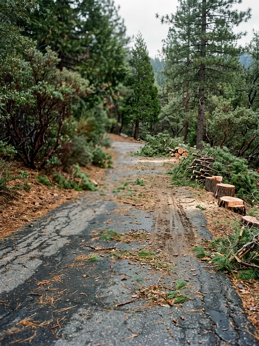 Close-up of residential driveway on forested Oakhurst property with native vegetation.
