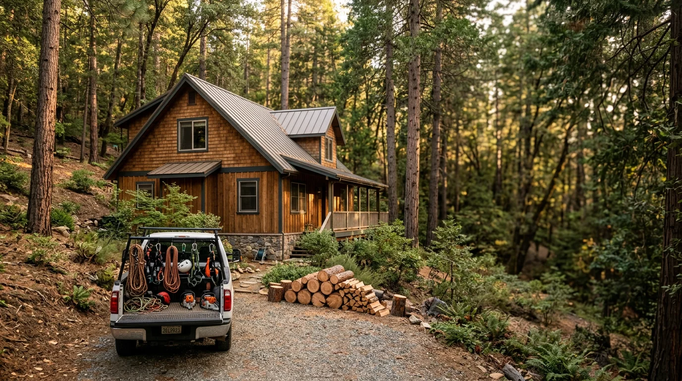 Mountain home in Oakhurst with mature pine trees and sloped terrain, Sierra foothills backdrop.