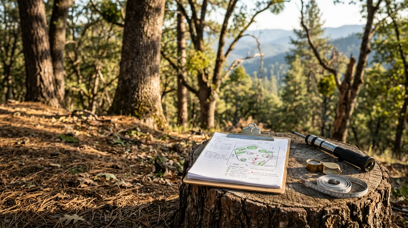 A certified arborist from Brave Forestry LLC examines the trunk and canopy of a large pine tree on a residential property in Oakhurst, CA, with Sierra Nevada forest visible in the background. The arborist takes notes on a clipboard while standing near the base of the tree, assessing bark condition and branch structure.