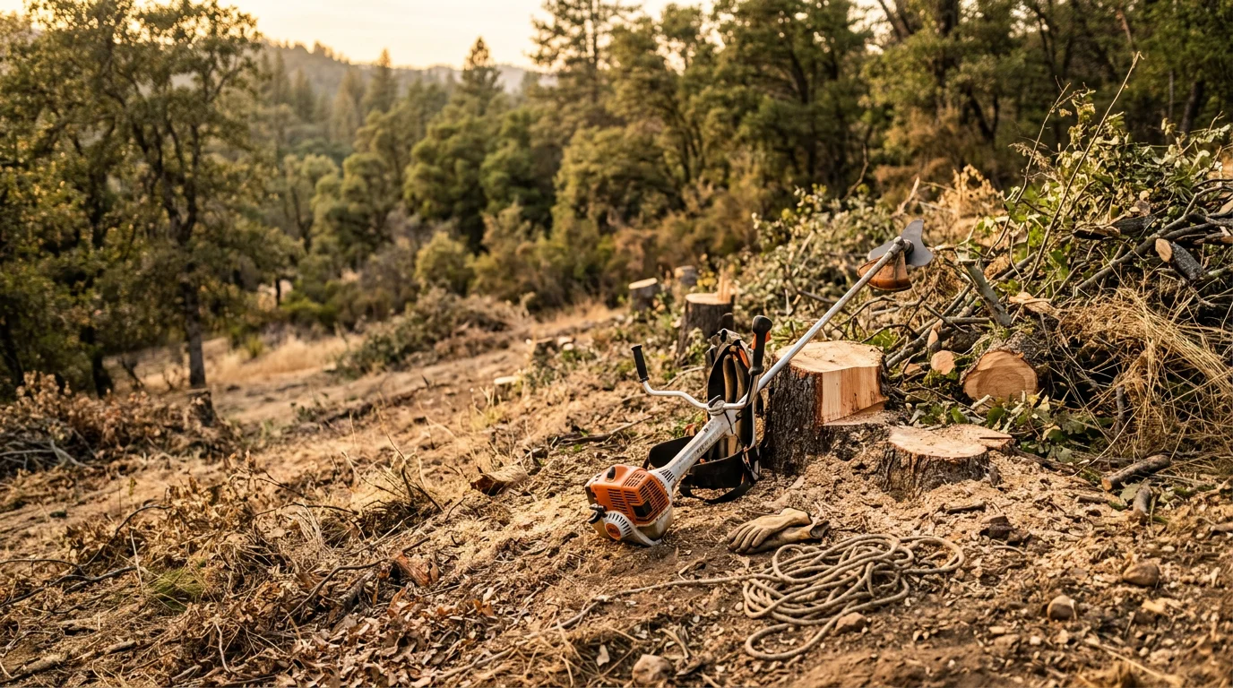 A cleared residential lot in Oakhurst, California with dry brush and overgrown weeds removed, showing bare ground and open defensible space between the structure and the surrounding Sierra Nevada foothills terrain. Land clearing equipment from Brave Forestry LLC is visible at the edge of the cleared area.