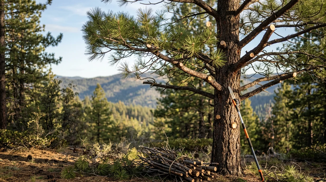 A mature pine tree in Oakhurst, CA with a visibly open and clean canopy after dead and crossing branches have been removed. A Brave Forestry LLC crew member is visible in the background with equipment on a wooded residential lot.