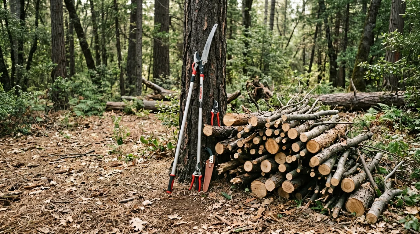 A tree care professional from Brave Forestry LLC removing a large dead branch from a pine tree on a residential property in Oakhurst, CA. The surrounding Sierra Nevada foothills and dry brush are visible in the background.