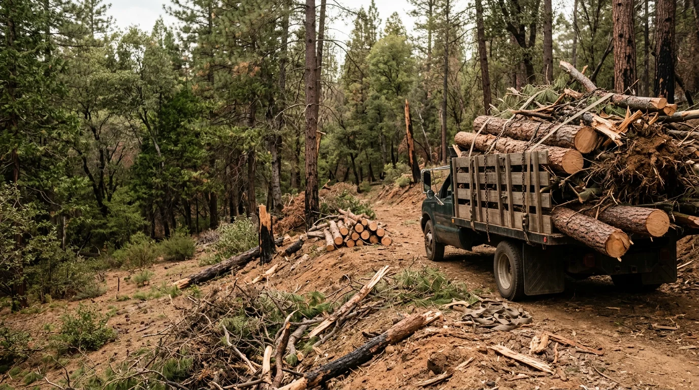 A cleared residential property in Oakhurst, CA showing a clean yard and open driveway after storm debris hauling removed fallen tree limbs and brush. Surrounding Sierra Nevada foothill terrain and pine trees visible in the background.