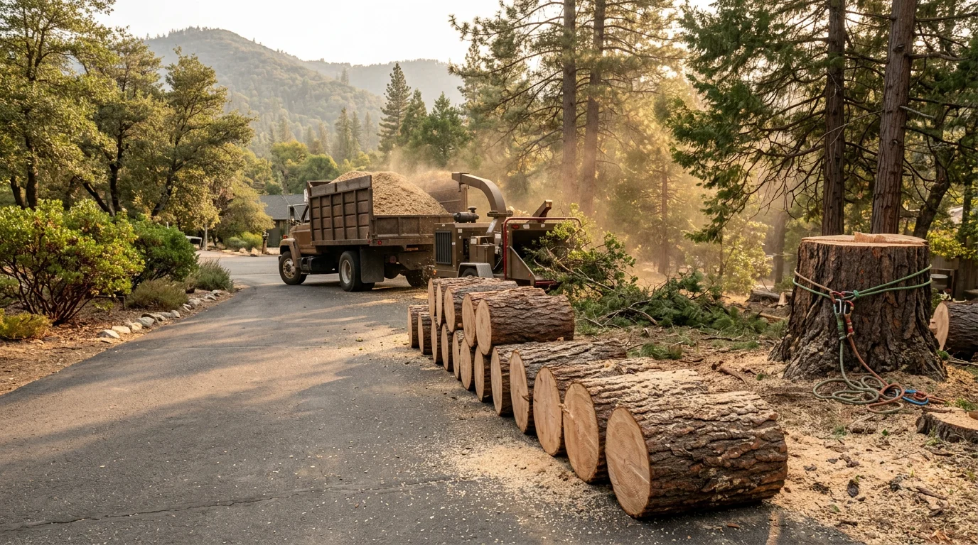 A large dead pine tree being removed in sections by a tree crew on a residential property in Oakhurst, CA. The tree is rigged and lowered away from a wood-frame home surrounded by Sierra Nevada forest.