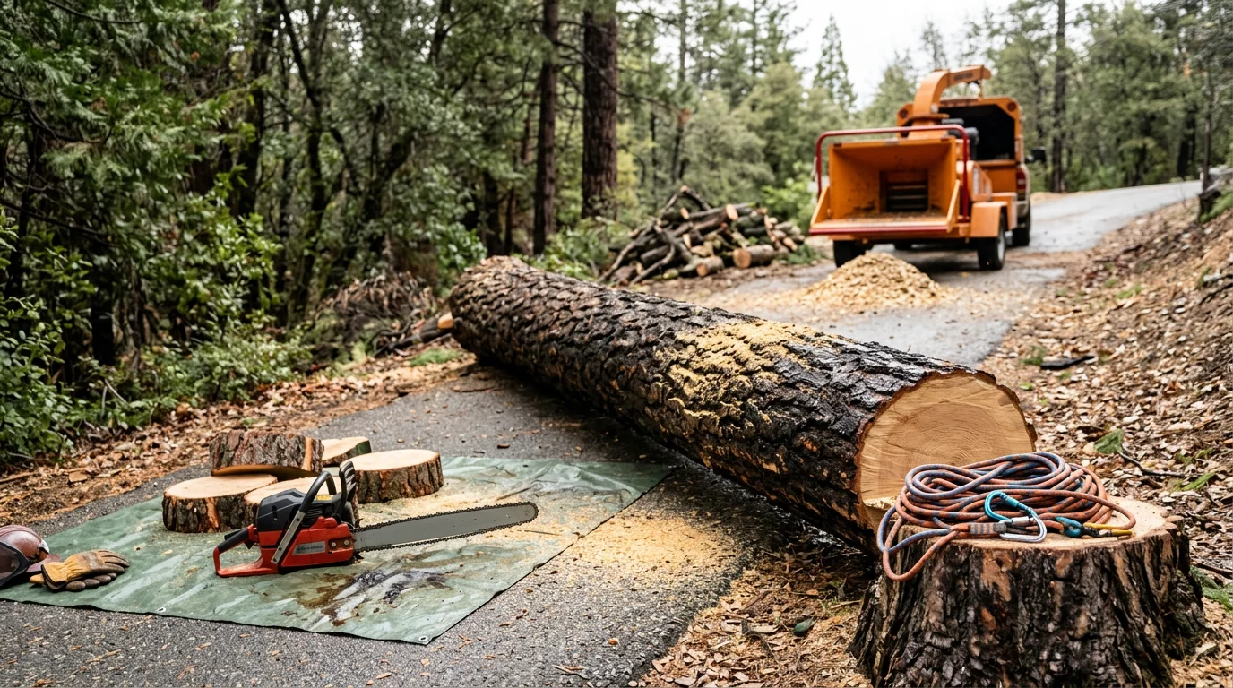 A large fallen pine tree removed from a residential property in Oakhurst, CA, with the cleared driveway and home exterior visible in the background. Cut log sections and cleared debris are stacked at the edge of the lot on a sloped Sierra Nevada foothill terrain.