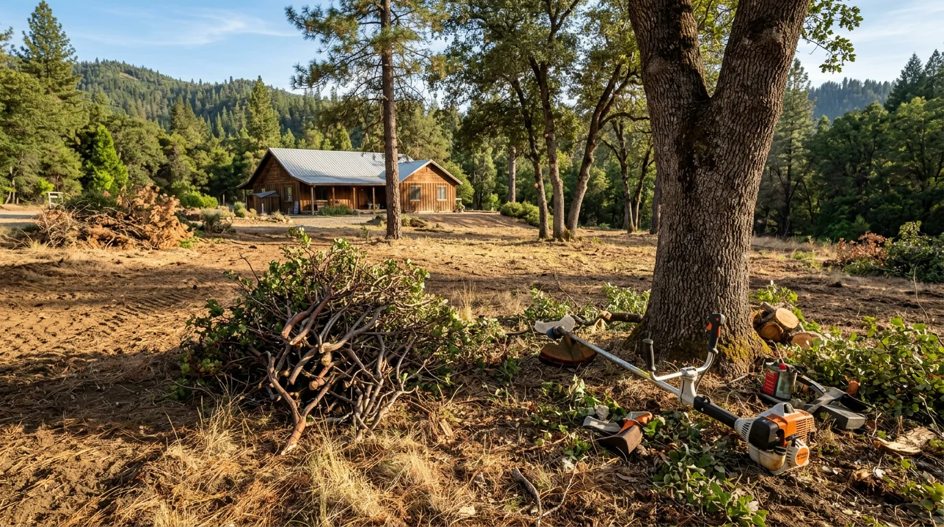 A cleared defensible space zone around a wood-frame home in the Sierra Nevada foothills near Oakhurst, CA, with mowed grass, limbed-up pines, and brush removed from the structure perimeter. A land clearing crew works in the background on a sloped lot with mixed oak and pine trees.