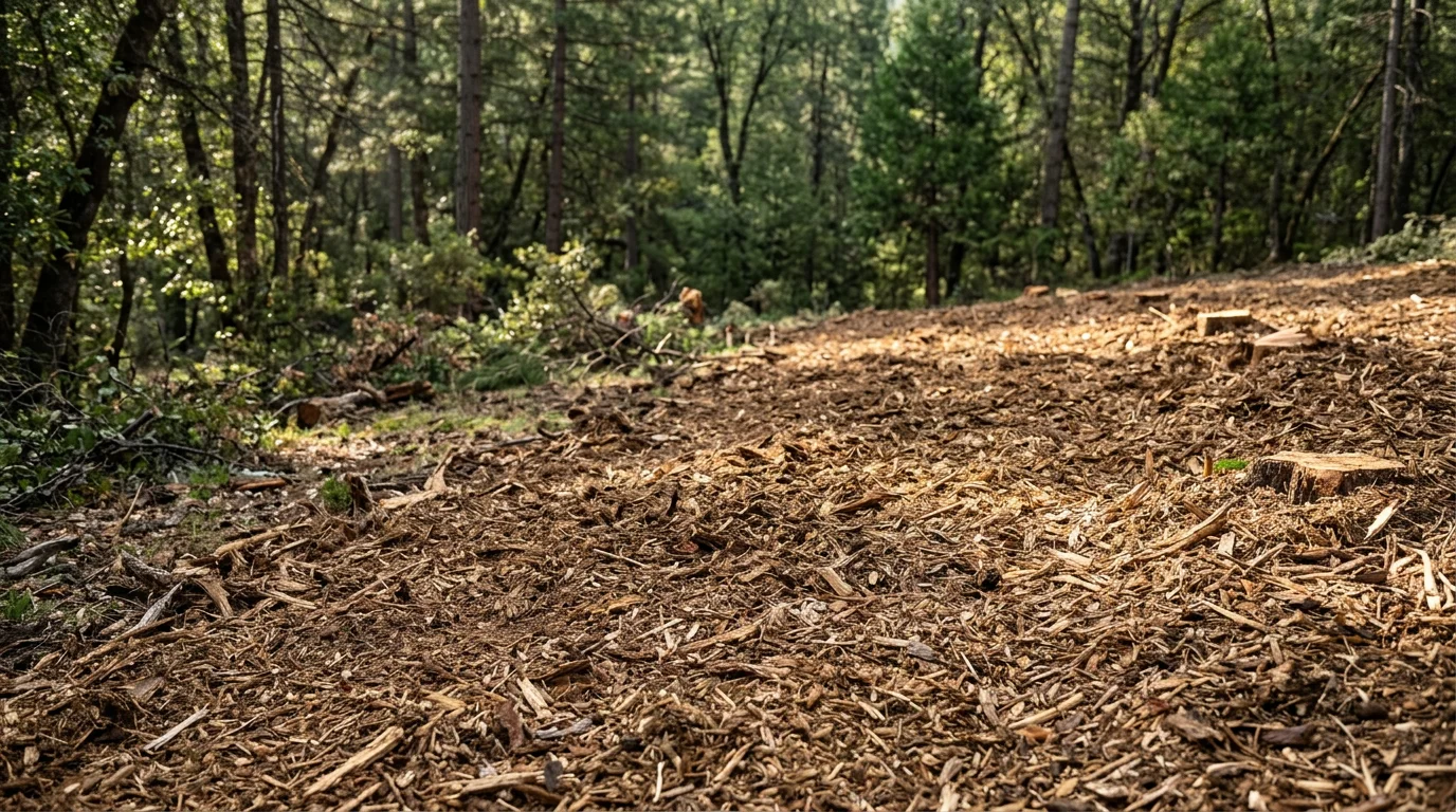 A masticator attachment on a track machine grinding dense brush and small trees into mulch on a wooded residential parcel in Oakhurst, California. The cleared area shows a low mulch layer on the ground with standing ponderosa pines remaining in the background.