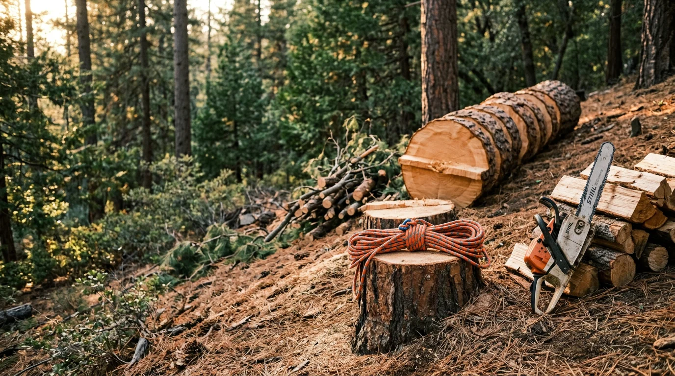 A large dead pine tree being sectioned and lowered in pieces by a tree crew on a sloped residential lot in Oakhurst, California. The surrounding home and fence remain undamaged as the hazardous tree is removed.