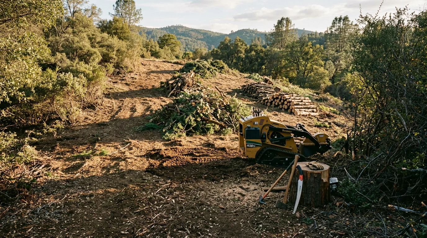 A cleared residential parcel in Oakhurst, CA showing removed brush, chaparral, and tree stumps on sloped Sierra Nevada foothill terrain. The surrounding mixed conifer and oak woodland edge remains intact beyond the cleared boundary.