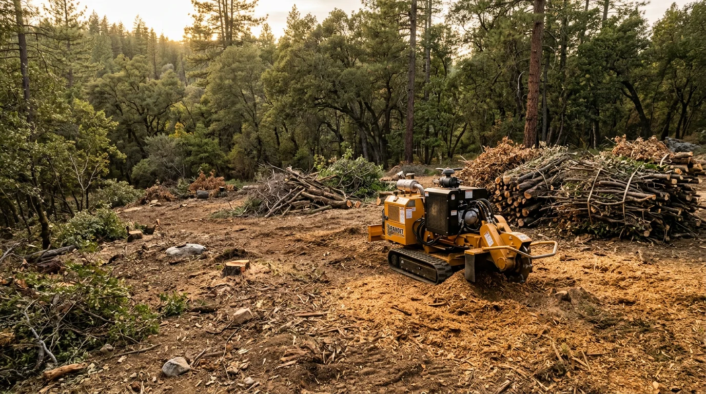 A cleared residential lot in Oakhurst, California with stumps ground down and brush removed, exposing bare Sierra Nevada foothill soil ready for construction. Surrounding oak trees and mixed conifers remain standing at the property boundary.