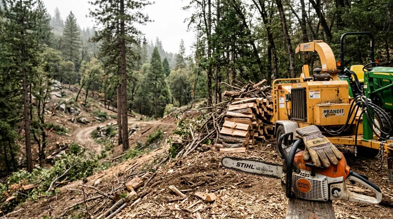 A cleared rural property in Oakhurst, CA after storm damage cleanup, with downed trees and brush removed from a wooded Sierra Nevada foothill lot. Bare ground and open driveway access are visible where fallen timber and debris once blocked the area.