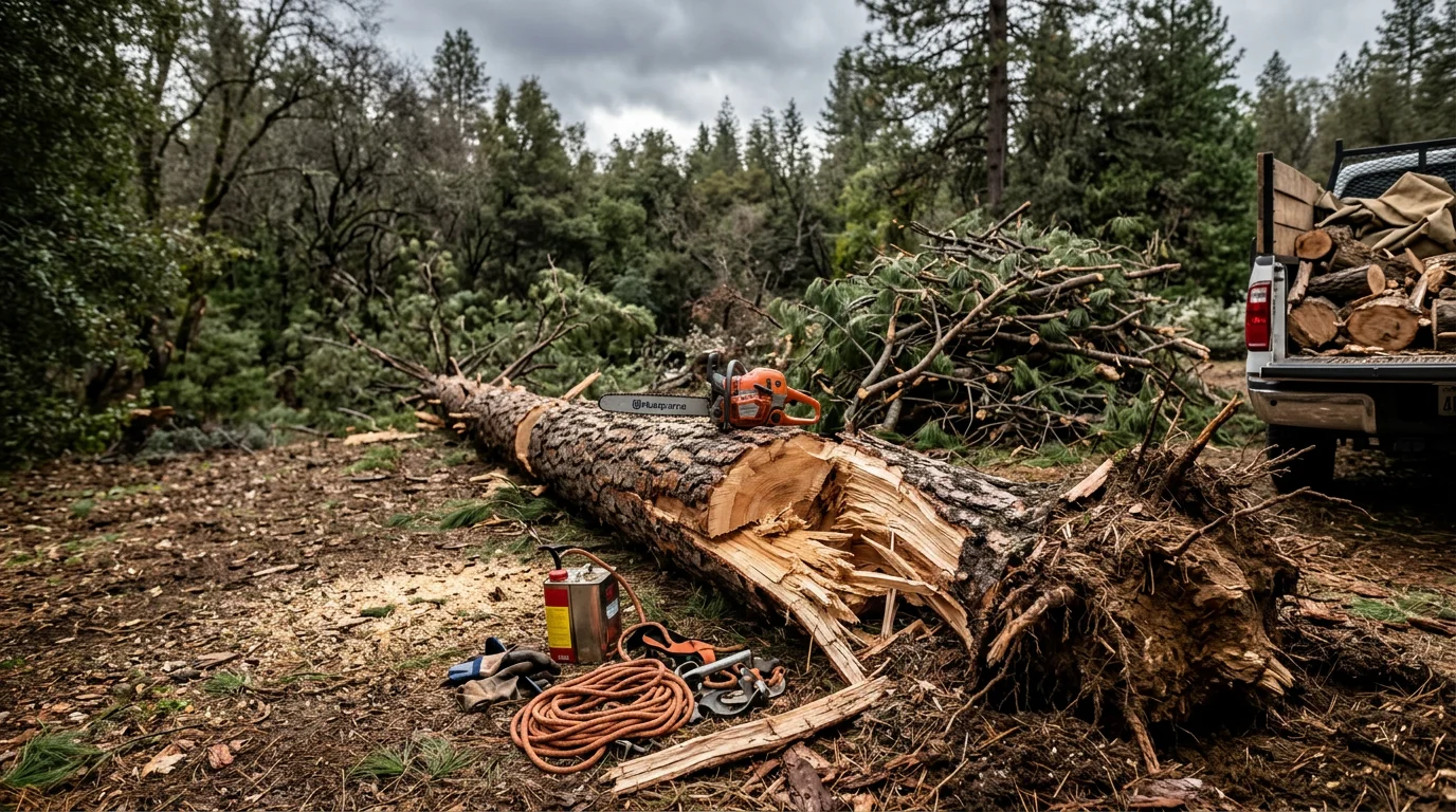 A large storm-split pine tree removed from a residential lot in Oakhurst, CA, with the debris cleared and the property restored to safe condition. The wooded Sierra Nevada foothill setting is visible in the background.