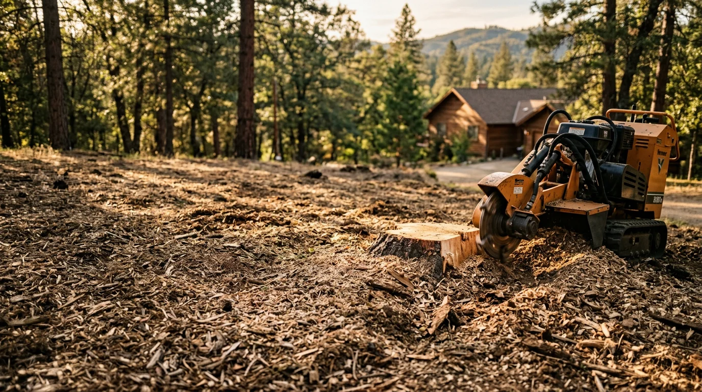 A freshly ground pine tree stump in a residential yard in Oakhurst, CA, with wood chips spread across the surrounding soil. The surrounding lawn and Sierra Nevada foothill landscape are visible in the background.
