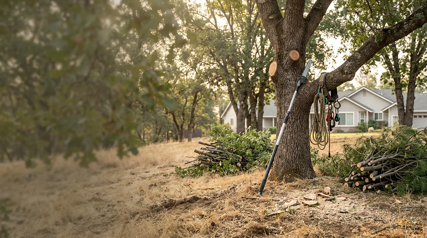 A Brave Forestry LLC crew member pruning the upper canopy of a large oak tree on a residential property in Oakhurst, CA. Trimmed branches are visible on the ground below, with Sierra Nevada foothill terrain in the background.