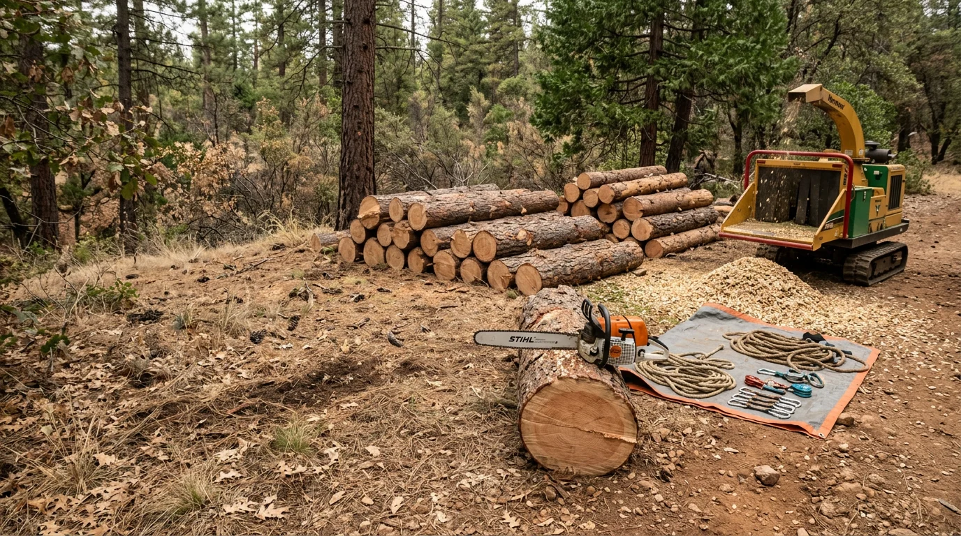 A large dead pine tree being sectionally removed by a tree crew on a residential property in Oakhurst, CA. The cleared area shows the stump and a clean yard with no remaining debris.