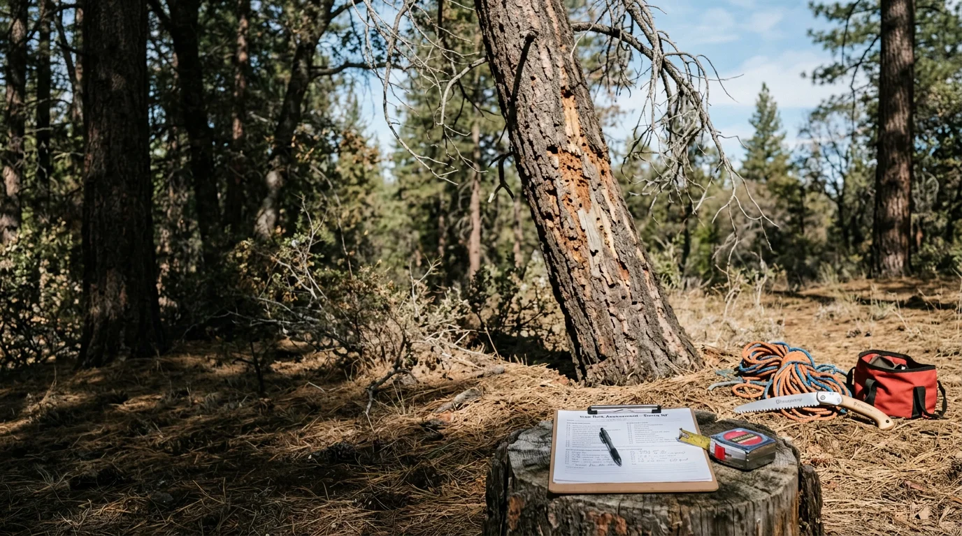 A Brave Forestry LLC arborist inspecting the trunk and canopy of a large conifer on a residential property in Oakhurst, CA. The Sierra Nevada foothills and surrounding forest are visible in the background.