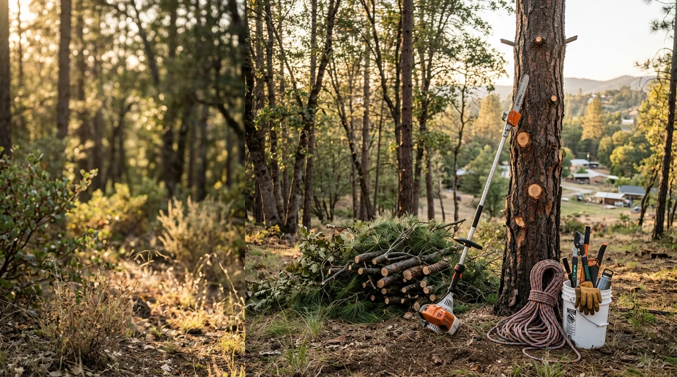 A Brave Forestry LLC crew member trimming the upper canopy of a large ponderosa pine on a residential property in Oakhurst, CA, with Sierra Nevada forest visible in the background. Trimmed branches and cleared understory show completed defensible space work around the home.